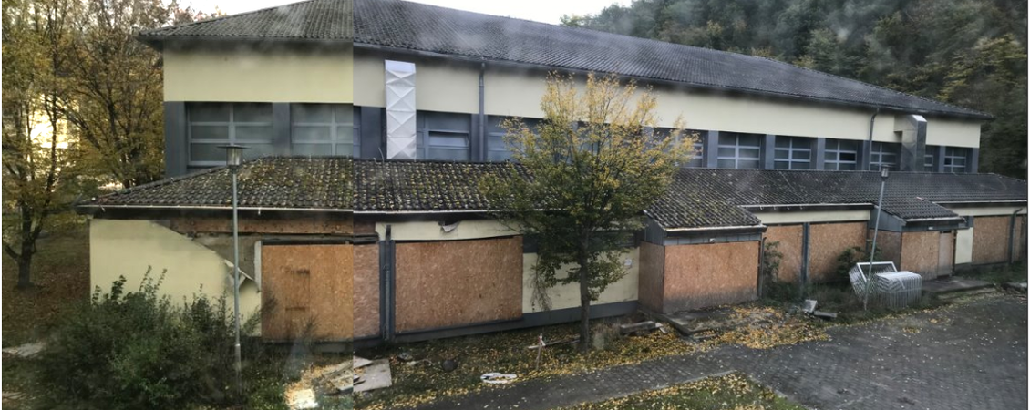 Außenansicht der beschädigten Sporthalle in Altenahr